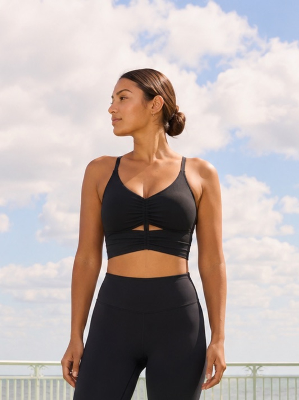 Athleta Black Ruched Cutout Longline Sports Bra M Yoga Pilates Adjustable